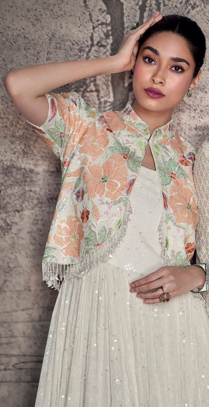 White Georgette Full Flared Long Real Georgette Indian Dress Anarkali Suit With Dupatta