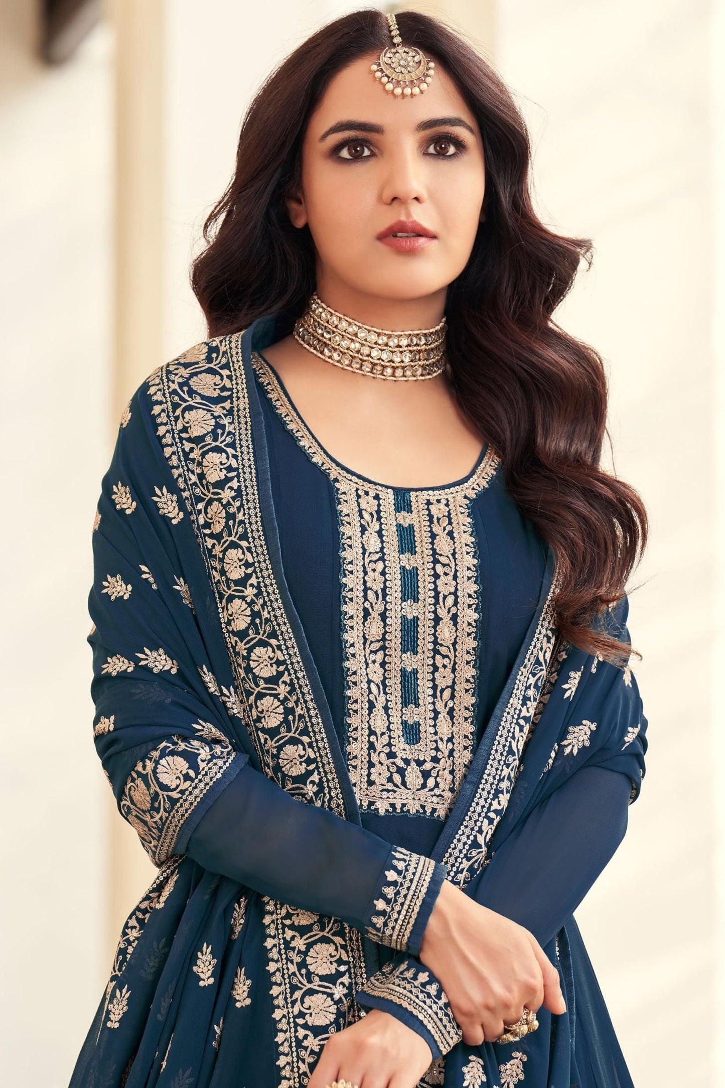 Plus Size Anarkali Blue Dupatta Gown With Long Sleeve for Her Women's