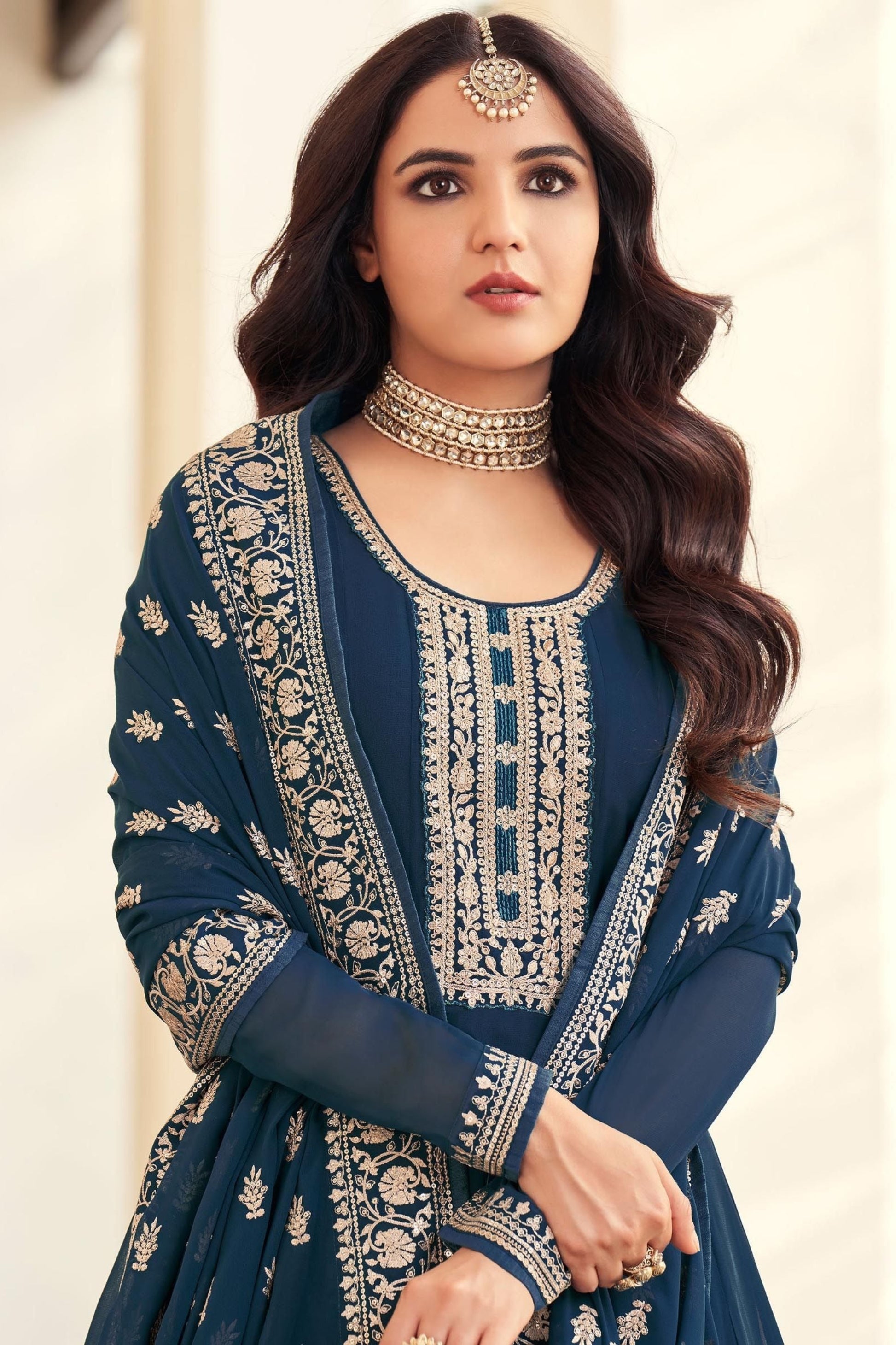 Plus Size Anarkali Blue Dupatta Gown With Long Sleeve for Her Women's