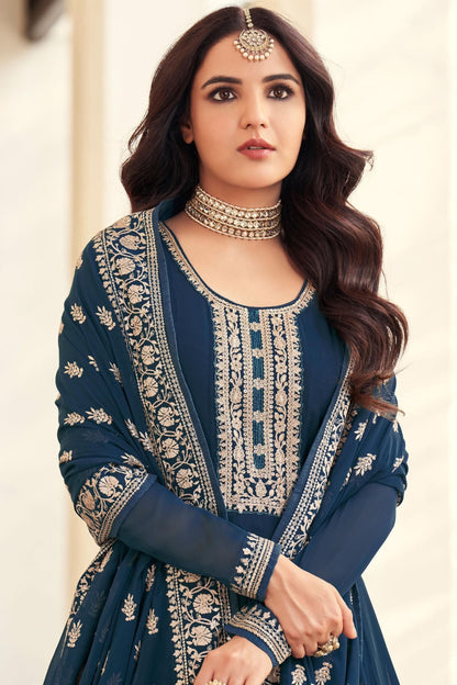 Plus Size Anarkali Blue Dupatta Gown With Long Sleeve for Her Women's