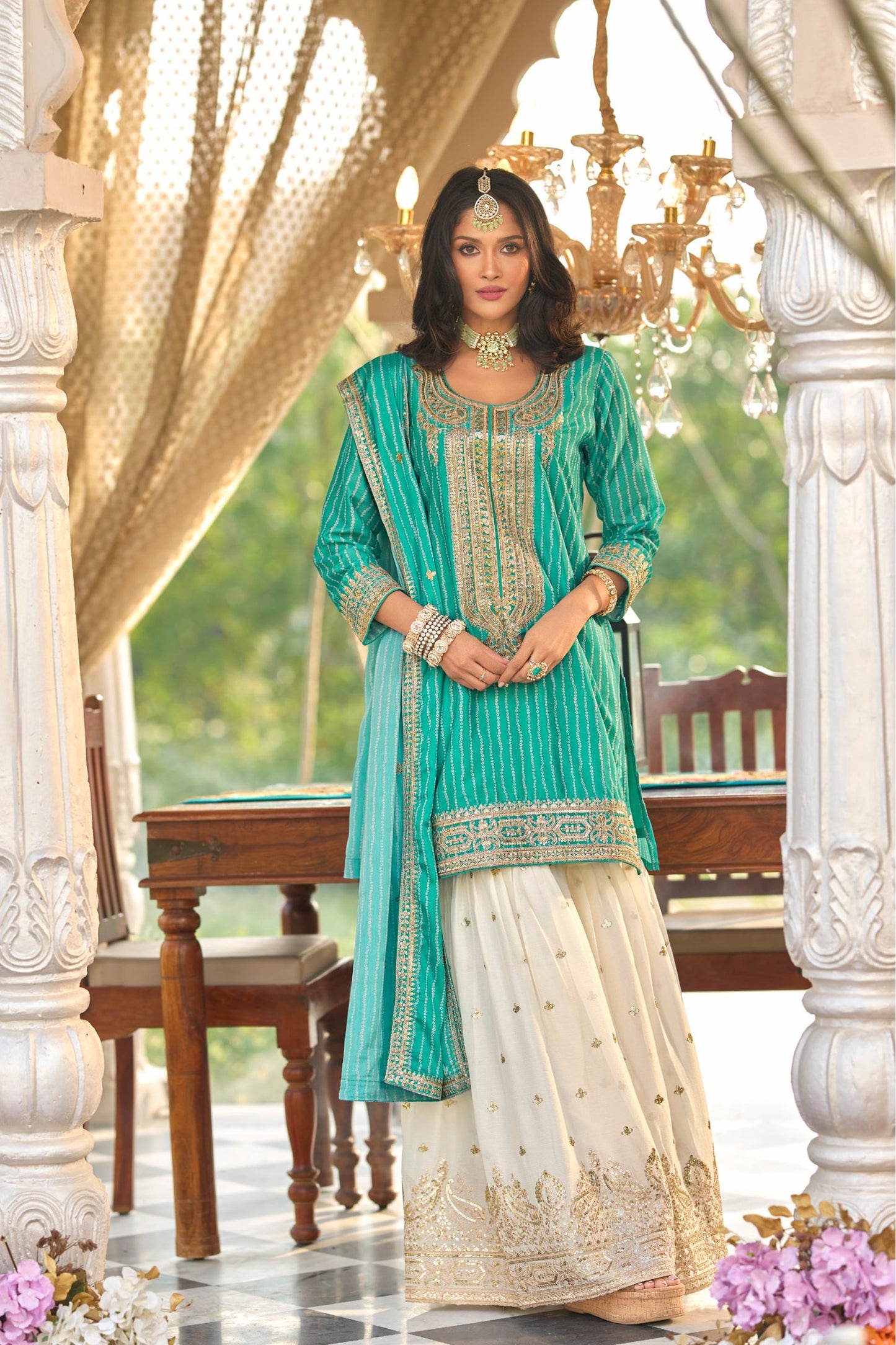 Sharara suits in turquoise blue party wear