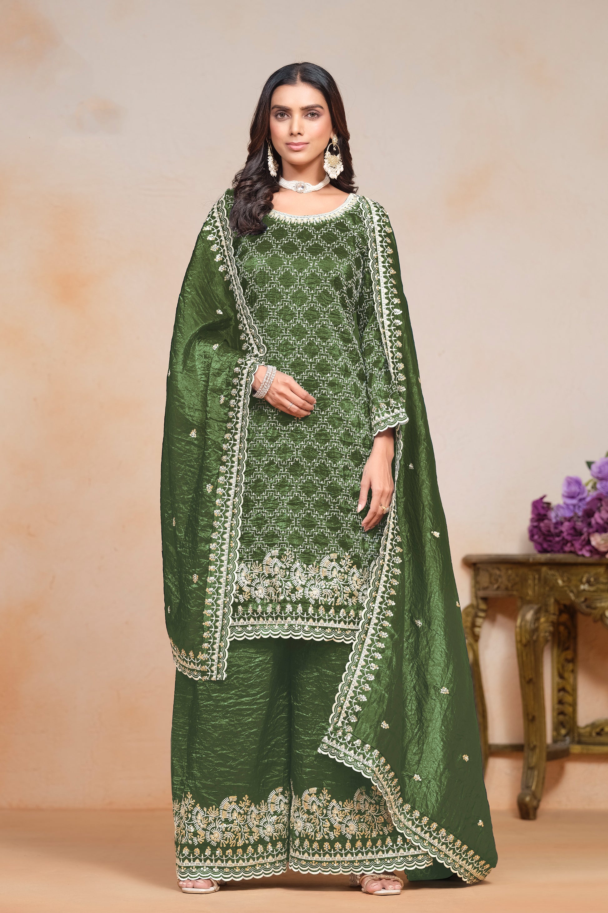 Green Organza Palazzo Suit With Designer Embroidery For Wedding Mehendi Functions