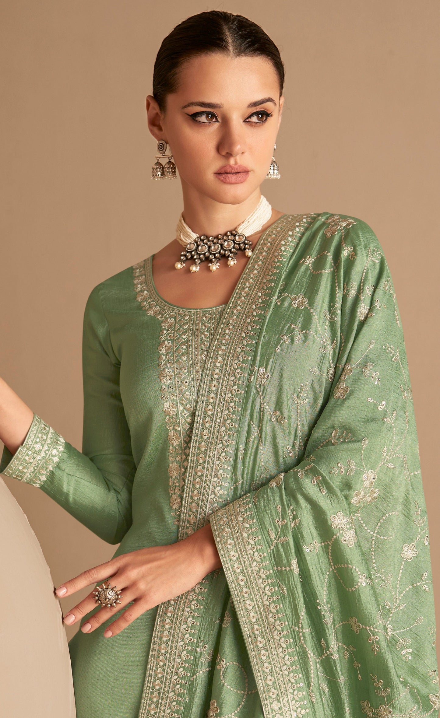 embroidered salwar kameez in premium silk fabric