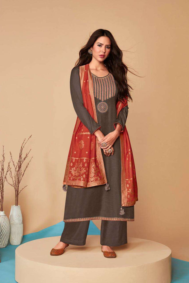 Gray linen silk embroidered Salwar Kameez from Seyuri