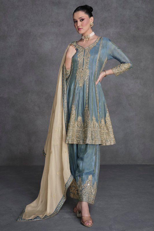 Gray Organza Silk Palazzo Suit 