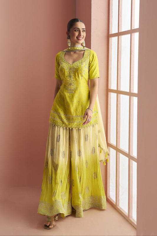 Traditional Wear Light Yellow color plazzo with Embroidered Work Dupatta