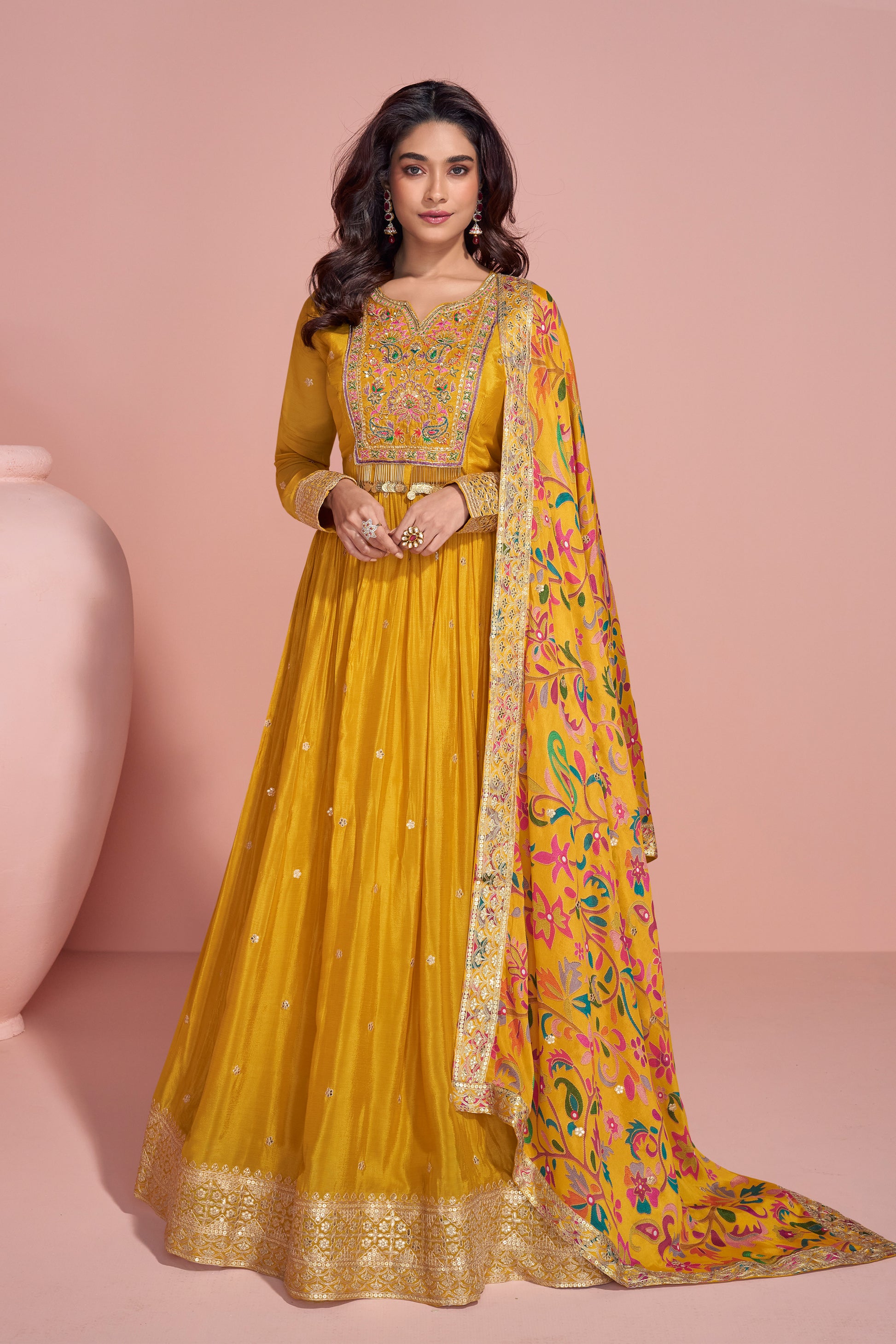 Indian Chinon Women's Wear Long Anarkali Gown for Haldi with Printed Dupatta Suit