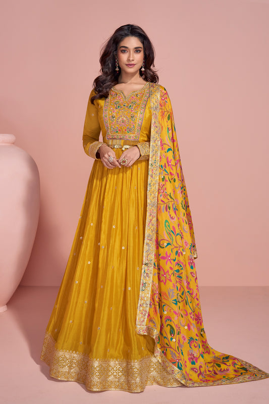 Indian Chinon Women's Wear Long Anarkali Gown for Haldi with Printed Dupatta Suit
