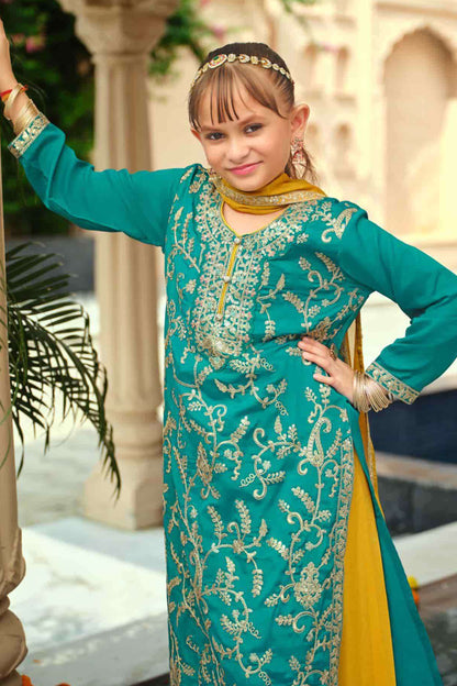 Teal Designer Embroidered Palazzo Suit For Kids Wear 
