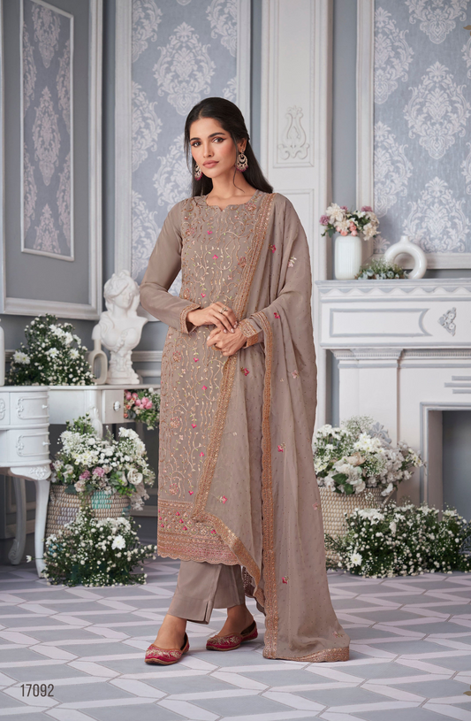 Indian suits brown peacock organza silk salwar kameez front view