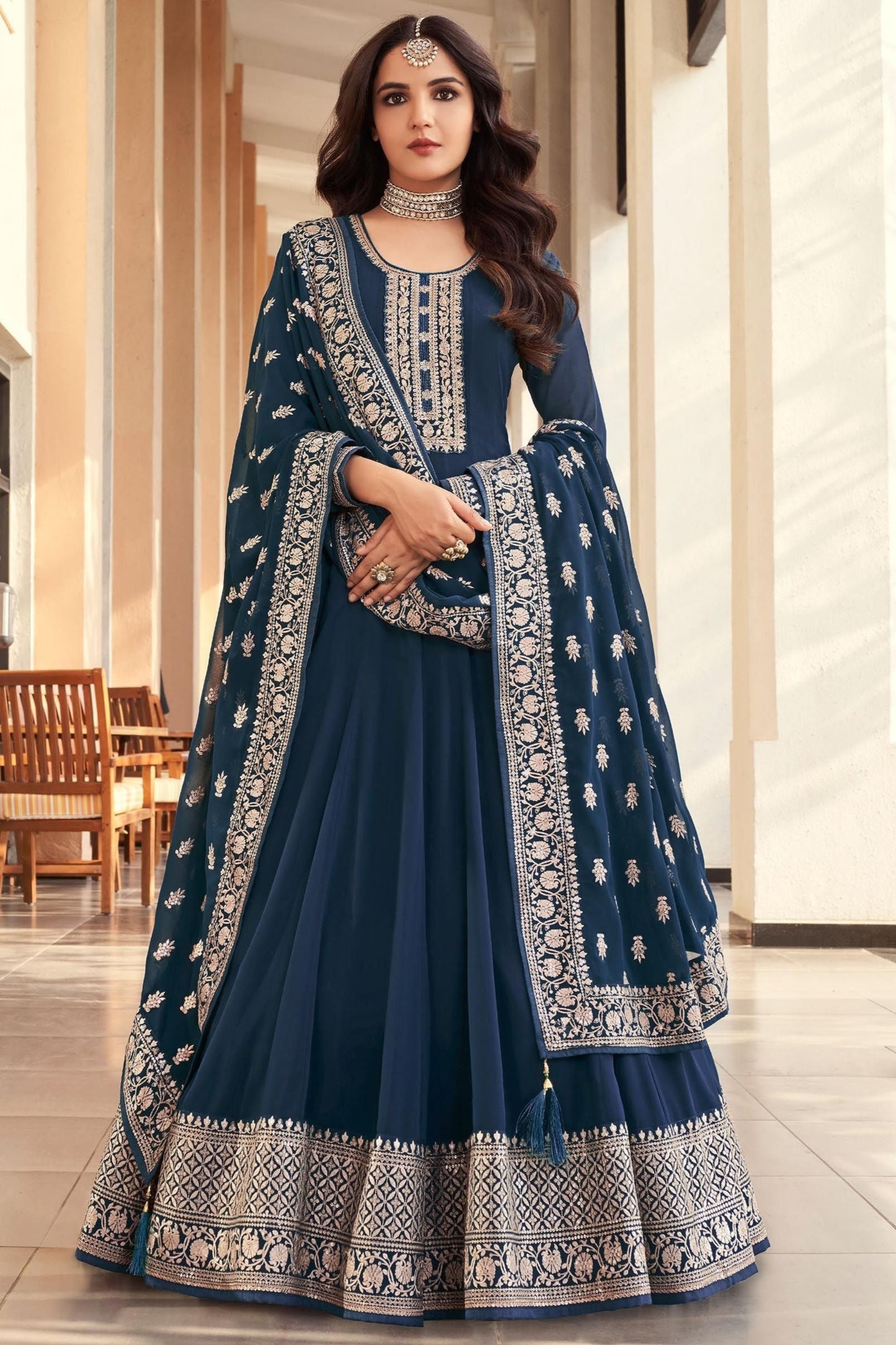 Plus Size Anarkali Blue Dupatta Gown With Long Sleeve for Her Women's