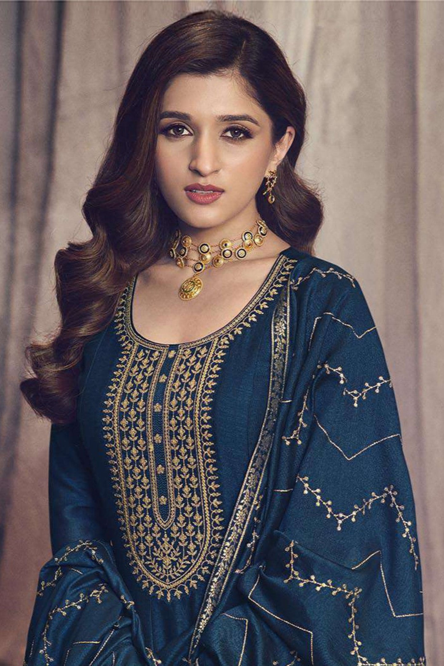 Navy Blue Anarkali Gown With Heavy Embroidery Dupatta For Indian Weddings USA