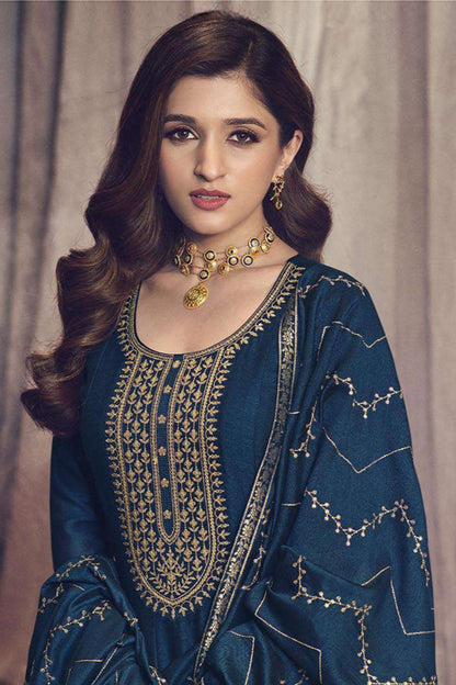 Navy Blue Anarkali Gown With Heavy Embroidery Dupatta For Indian Weddings USA