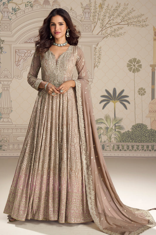 Indian Rose Gold Anarkali Gown For Wedding Party Wear Dupatta Suit