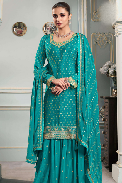 Teal Sharara Sets In Real Chinon Silk With Embroidery