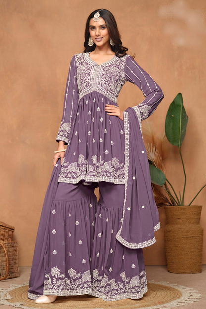 lavender sharara sets with embroidery in georgette
