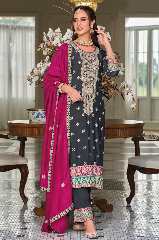 Black Embroidered Salwar Kameez with Dupatta - Front View Showing Intricate Silk Embroidery Work for Evening Wear