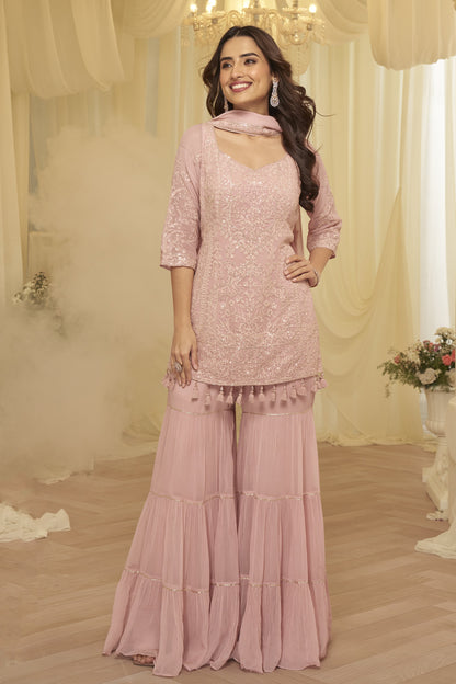 Indian wear salwar kameez suits peach sharara front view