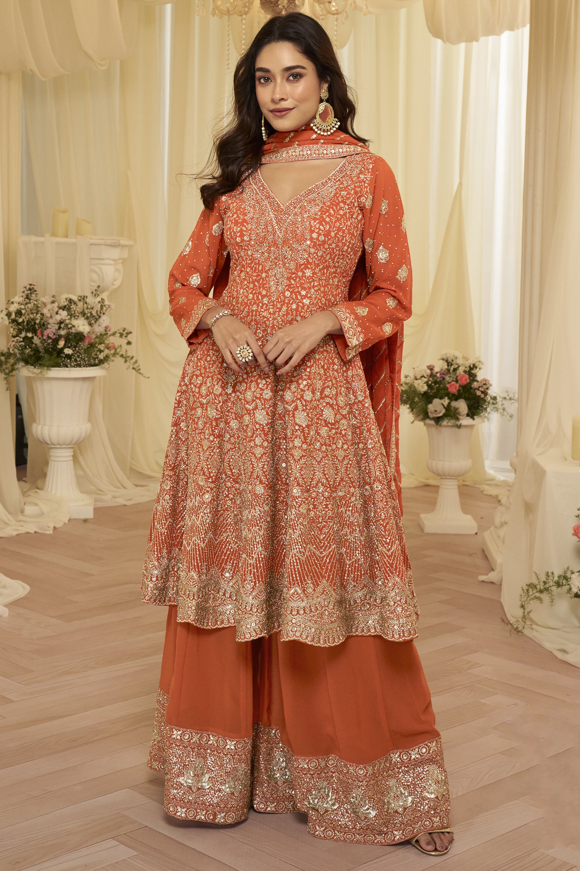 Orange Kameez Palazzo Suit front full view with embroidered worked