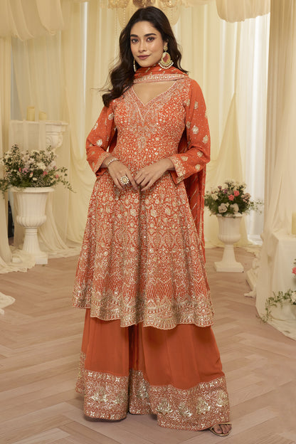 Orange Kameez Palazzo Suit front full view with embroidered worked