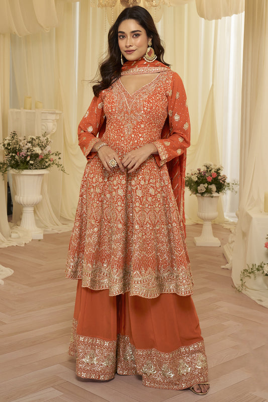Orange Kameez Palazzo Suit front full view with embroidered worked