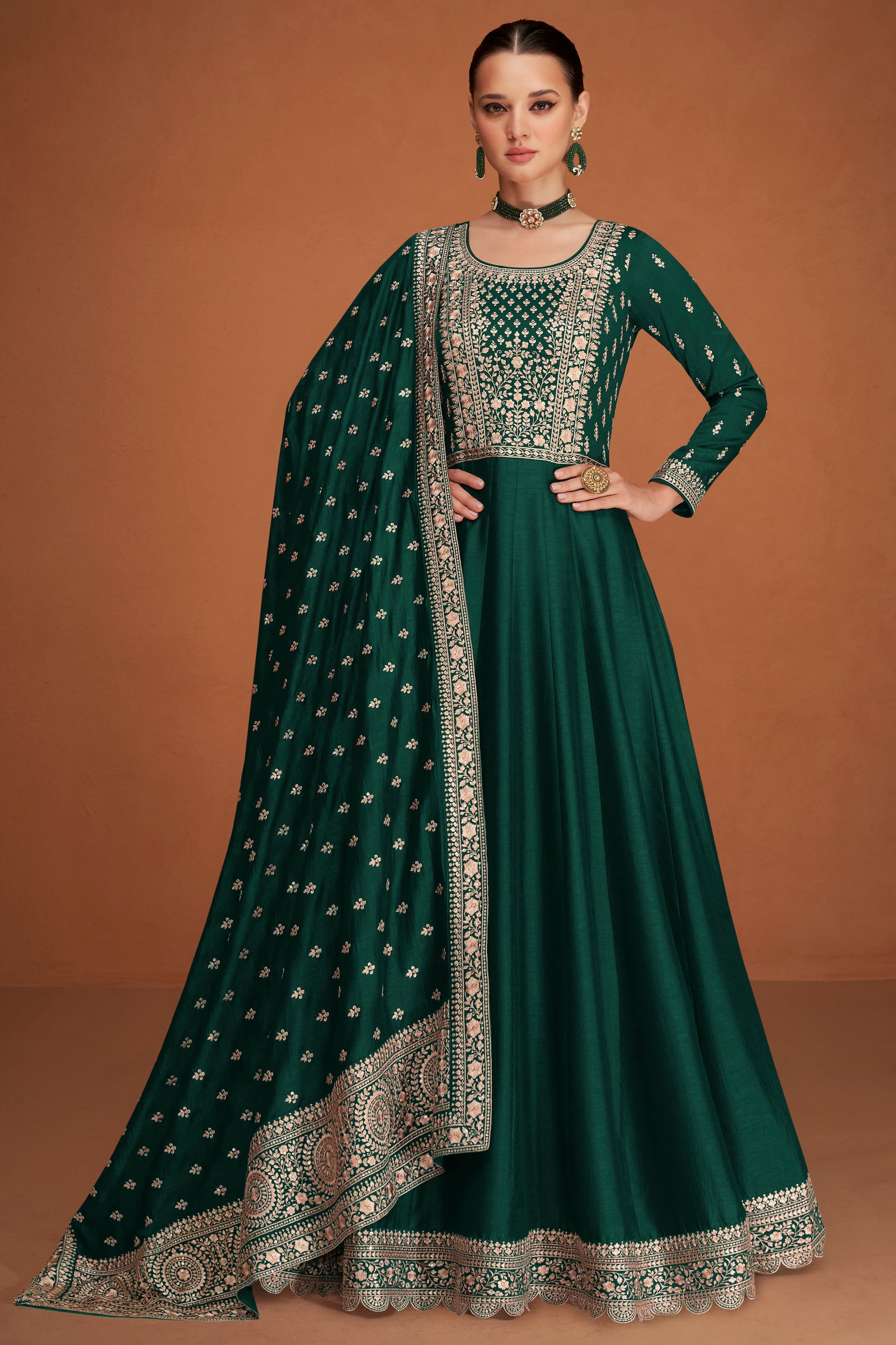Function Party Wear Stylish Full Long Premium Silk Green Anarkali Dupatta Gown's