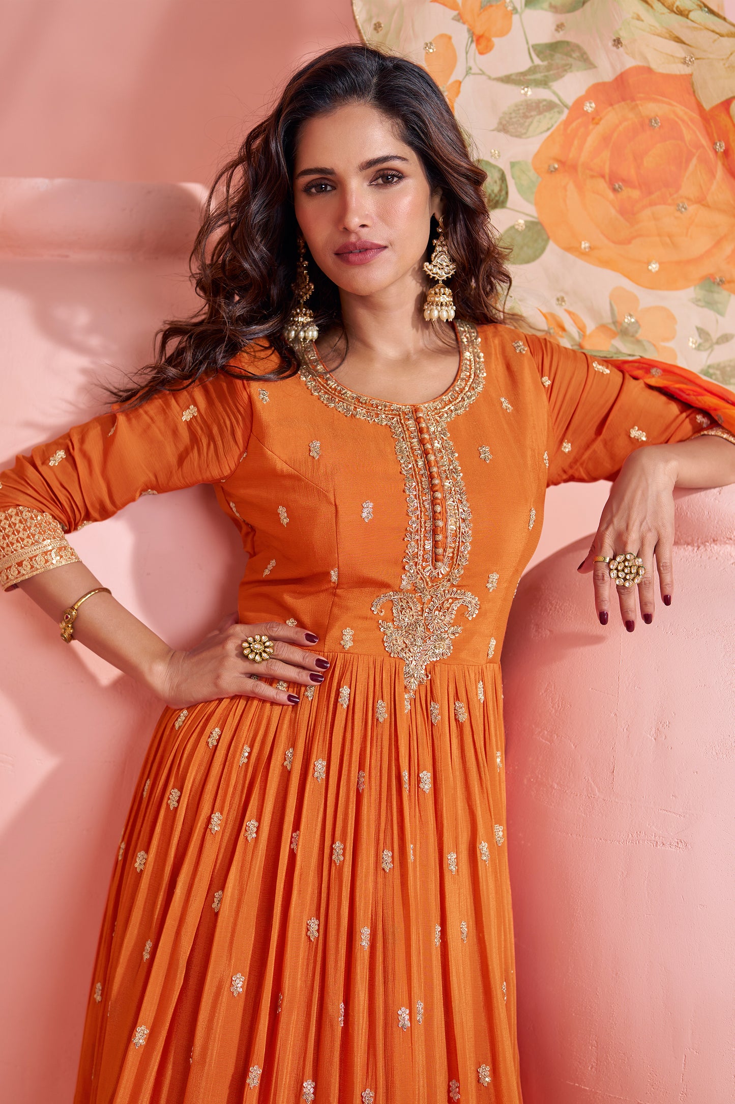Orange Embroidery Worked Long Anarkali Printed Dupatta Dresses