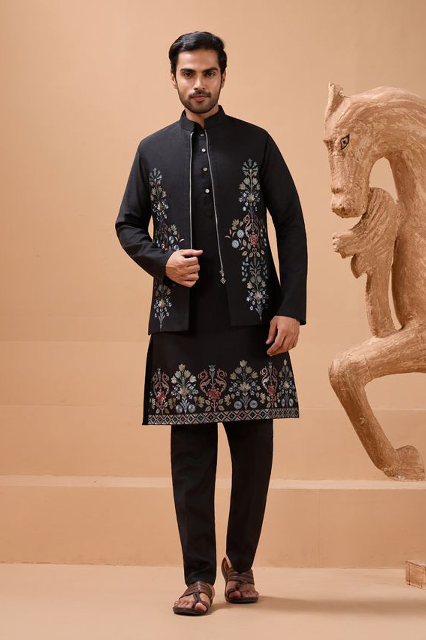black kurta with koti in viscose silk for men