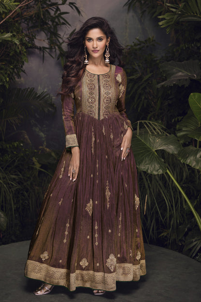 Brown Anarkali Gown Viscose Jacquard Silk Dupatta Dresses