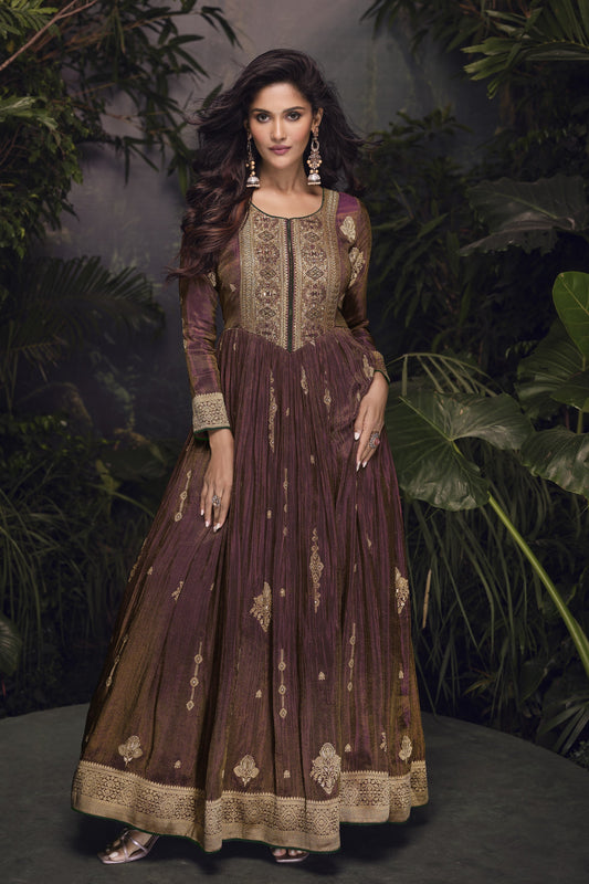 Brown Anarkali Gown Viscose Jacquard Silk Dupatta Dresses