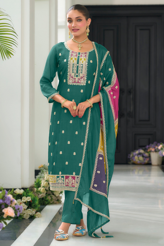 Teal salwar kameez eid front view with embroidered detailing