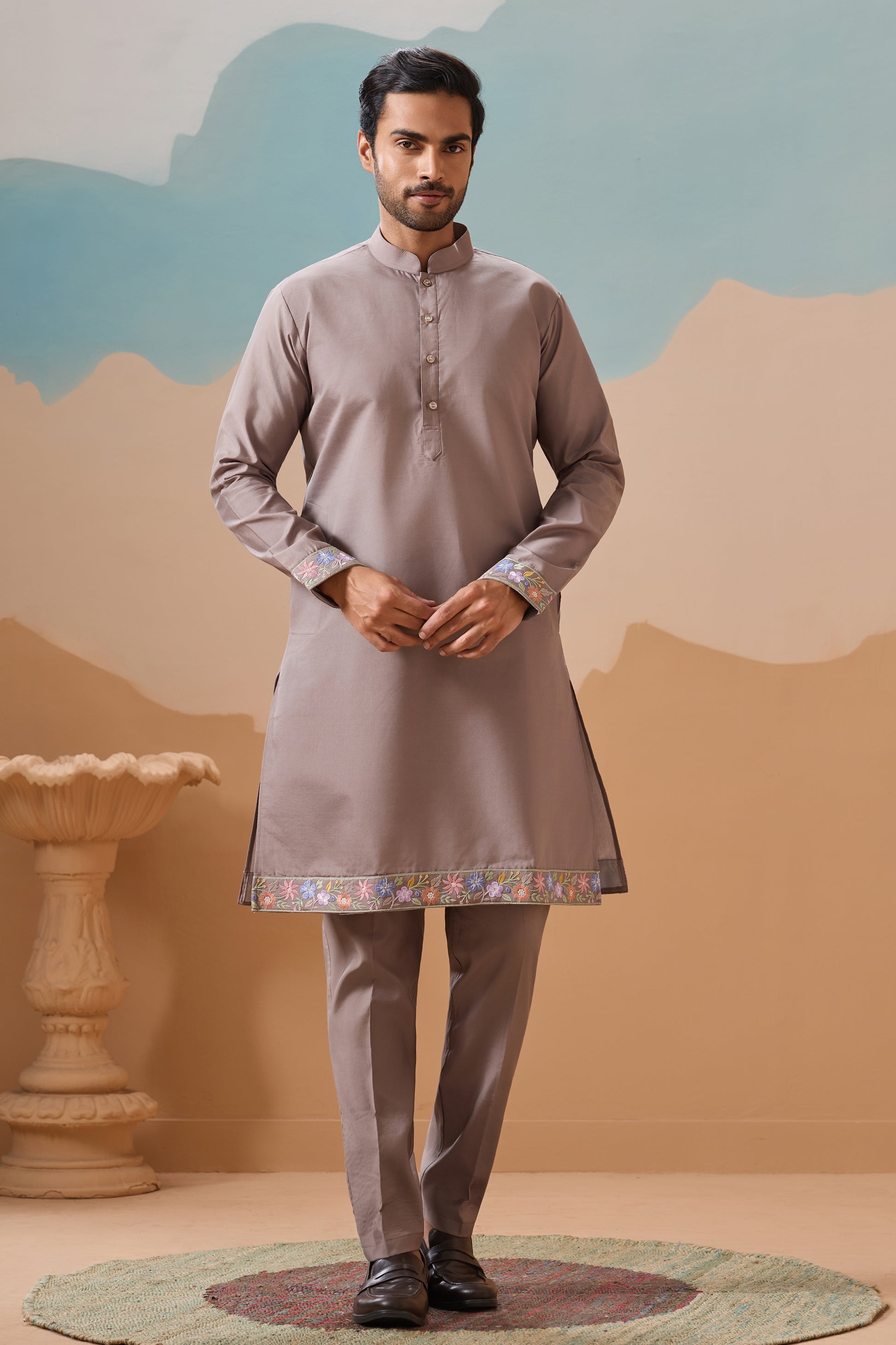 Mens Fancy Kurta Pajama In Elegant Gray Tone