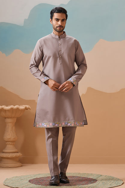 Mens Fancy Kurta Pajama In Elegant Gray Tone