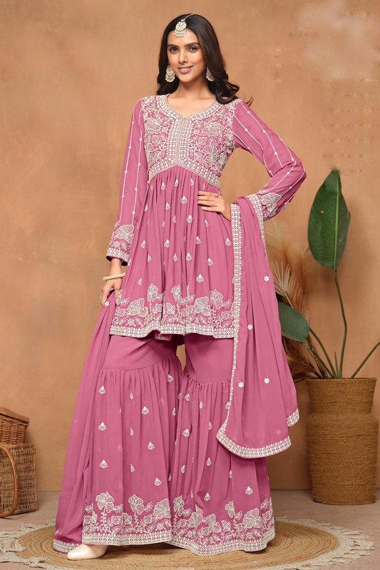 Sararara dress in light pink georgette with embroidery