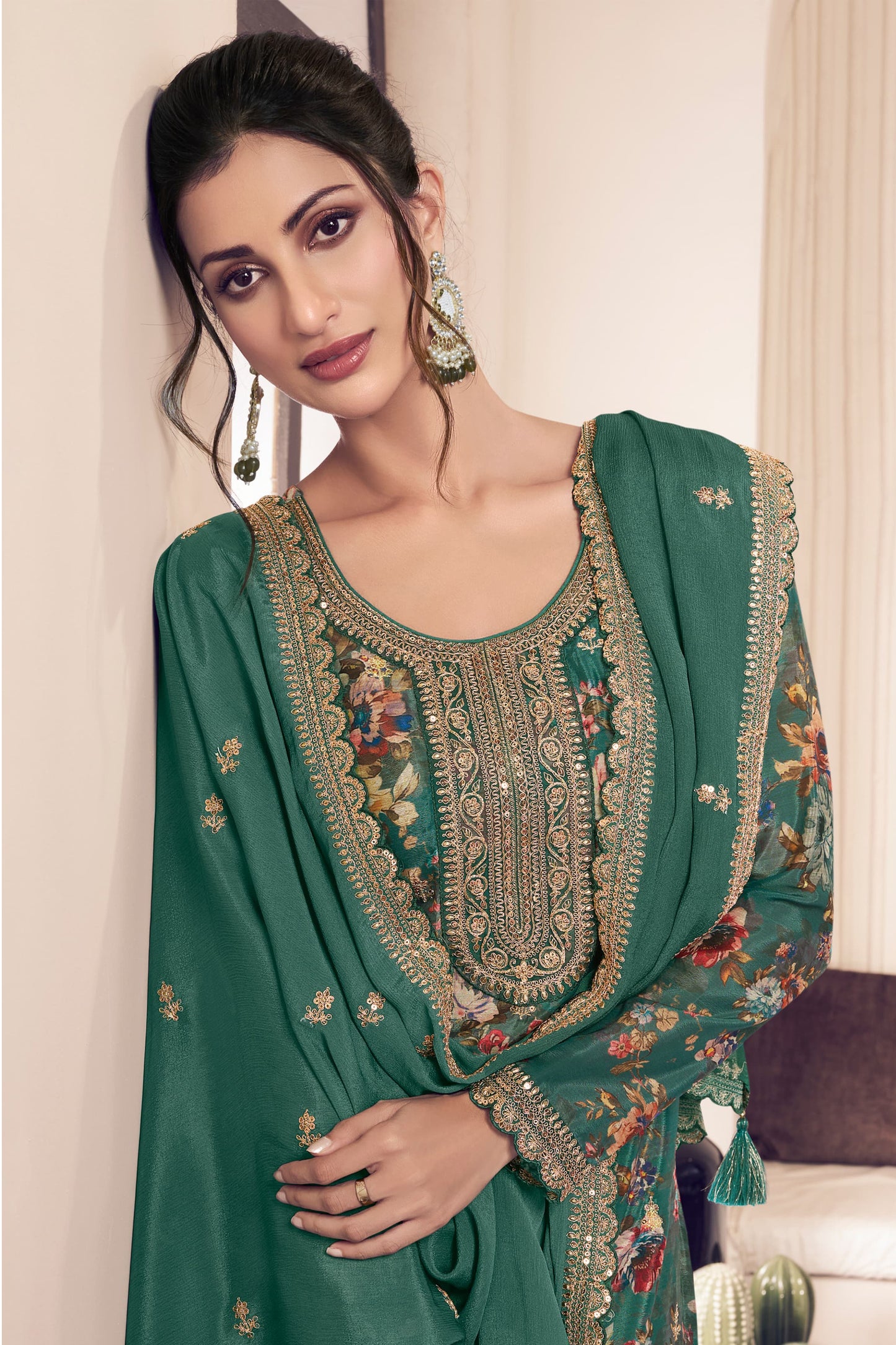 embroidered green salwar suit full length