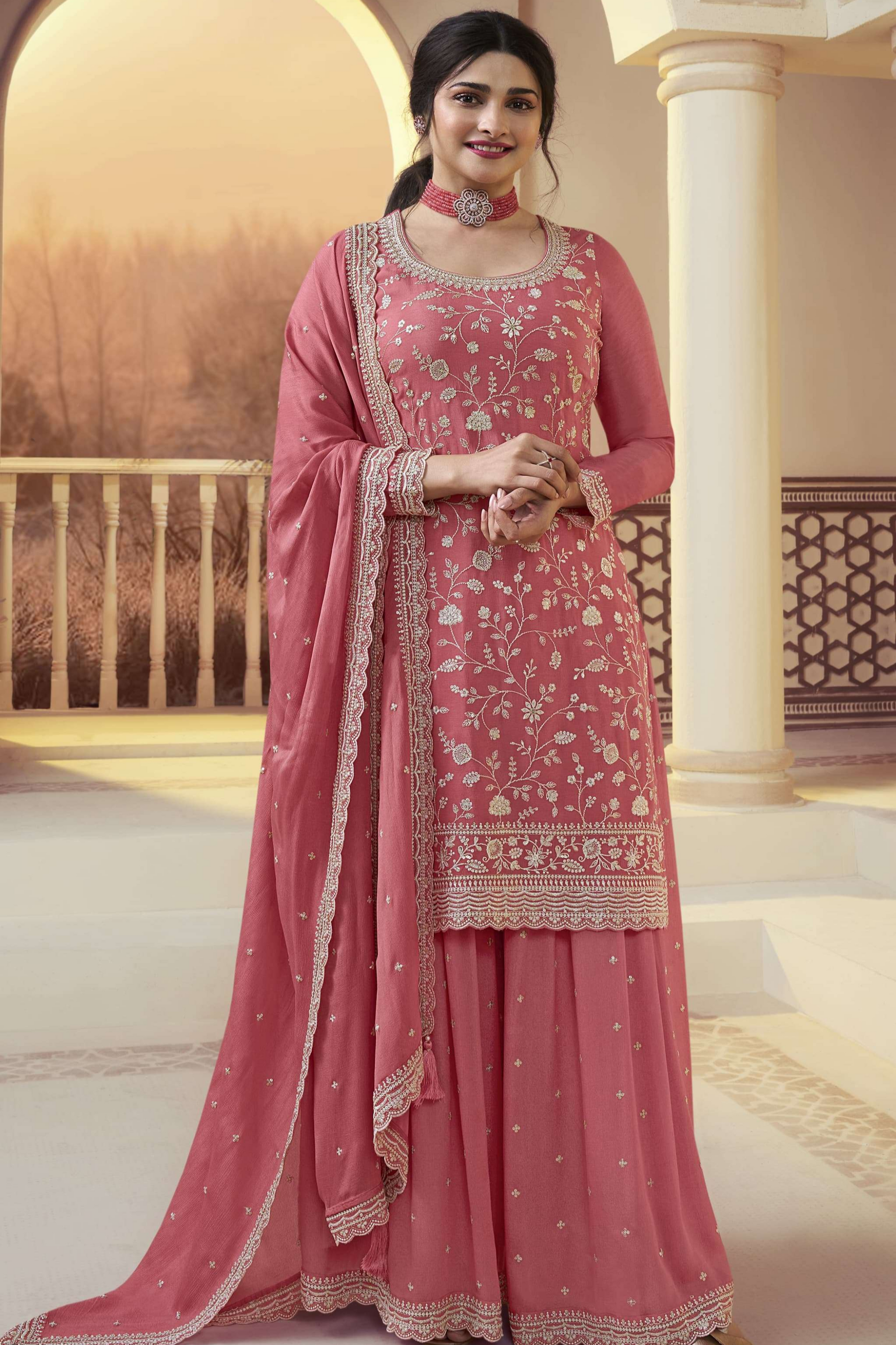 open lace back dress Beautiful Peach Chinon Palazzo Suit for Ethnic Style – Seyuri