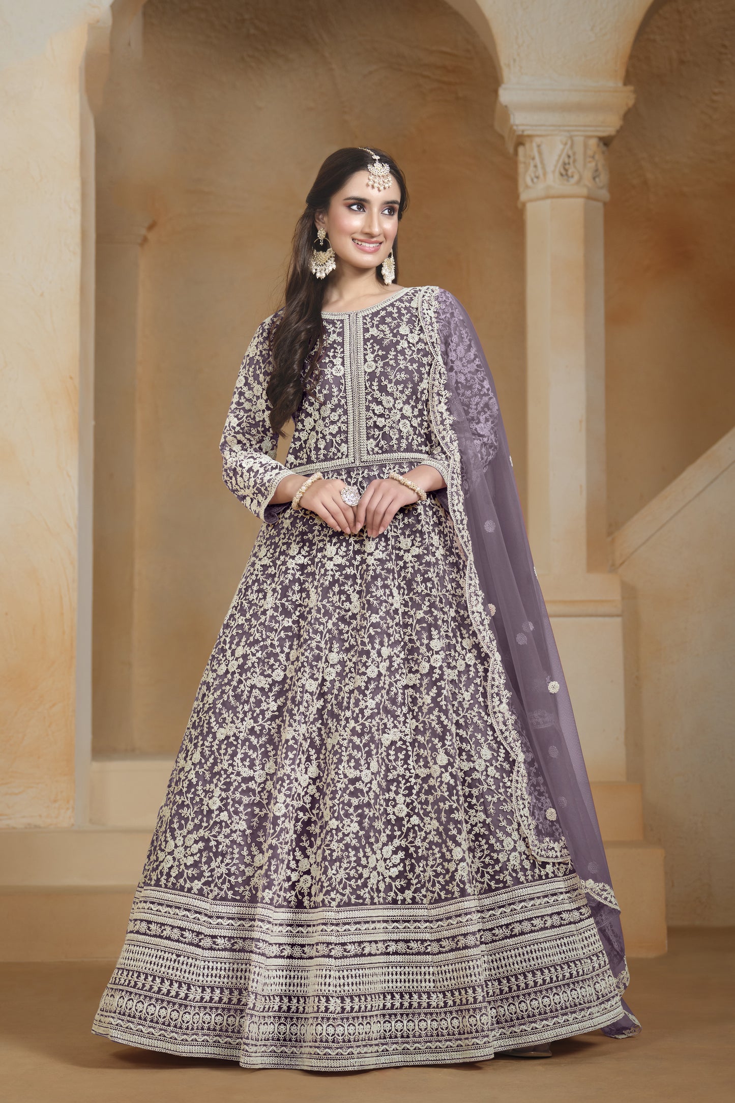 Anarkali Dress Purple Party Wear Heavy Embroidered Worked Long Gown Suit