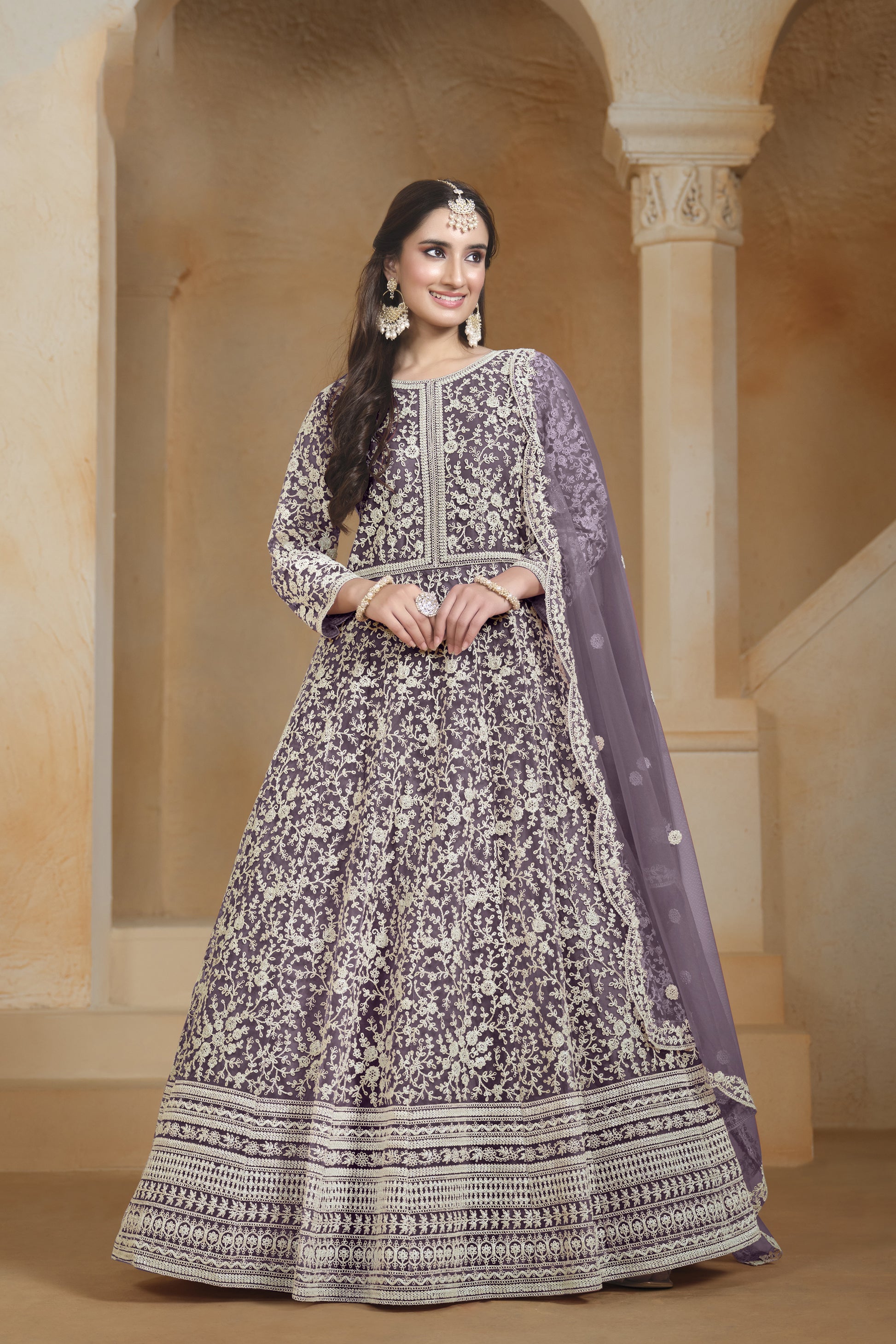 Anarkali Dress Purple Party Wear Heavy Embroidered Worked Long Gown Suit
