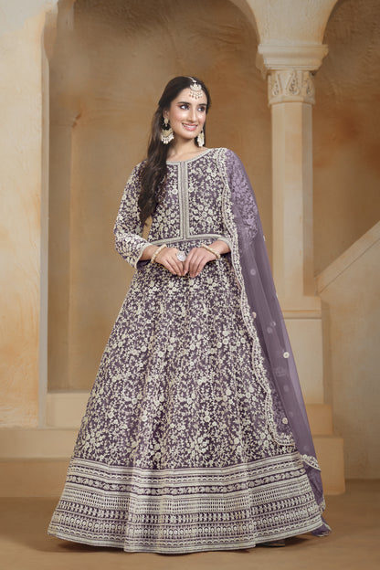 Anarkali Dress Purple Party Wear Heavy Embroidered Worked Long Gown Suit