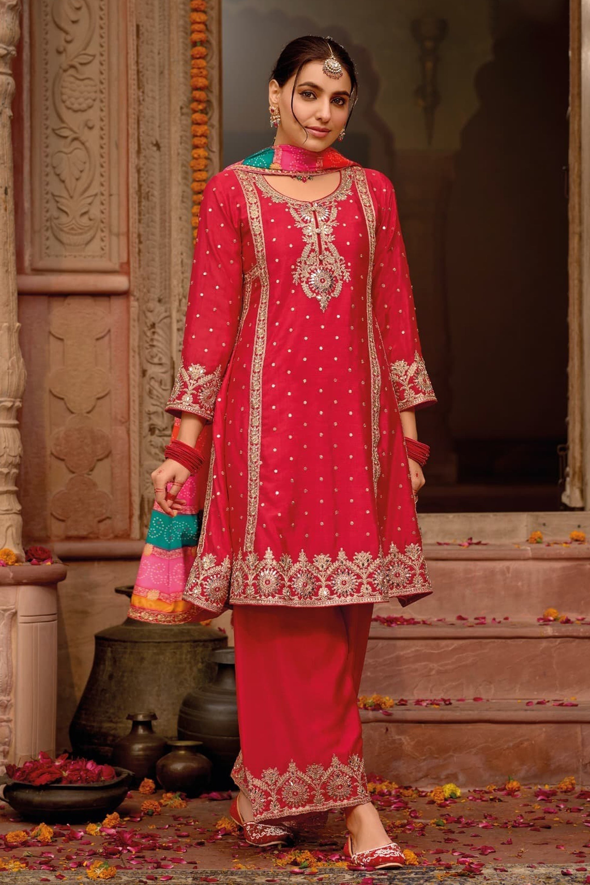 Embroidered Red Heavy Palazzo Suit 