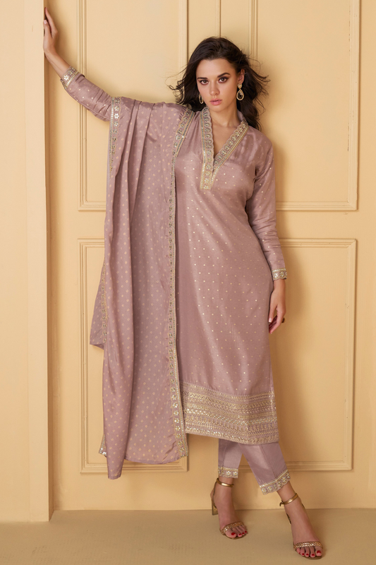Lavender patiala salwar suit front view with embroidery