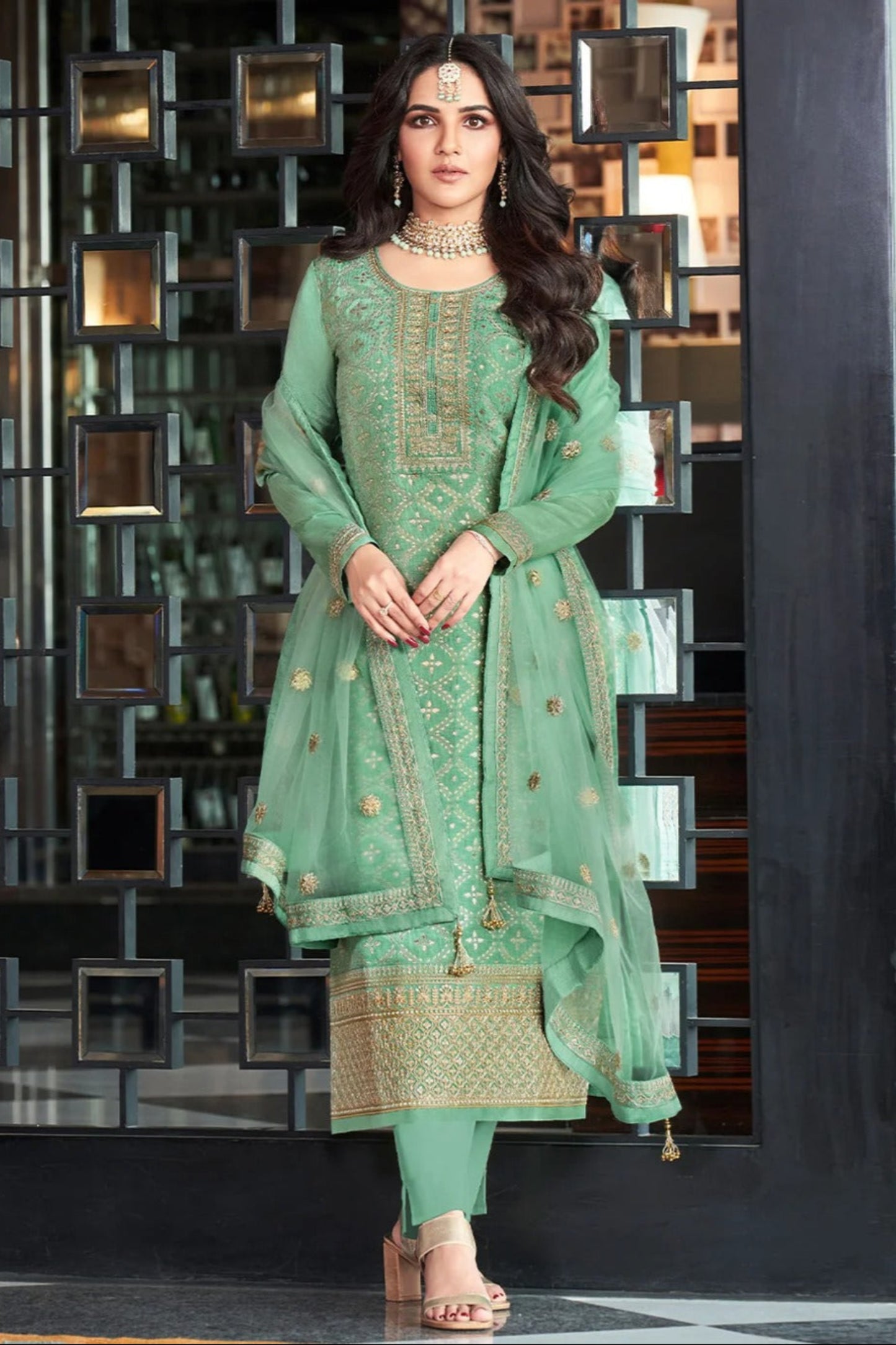 Plus size suit pistachio green salwar kameez full front view