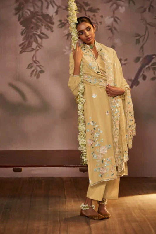 Eid shalwar kameez front view in cream organza