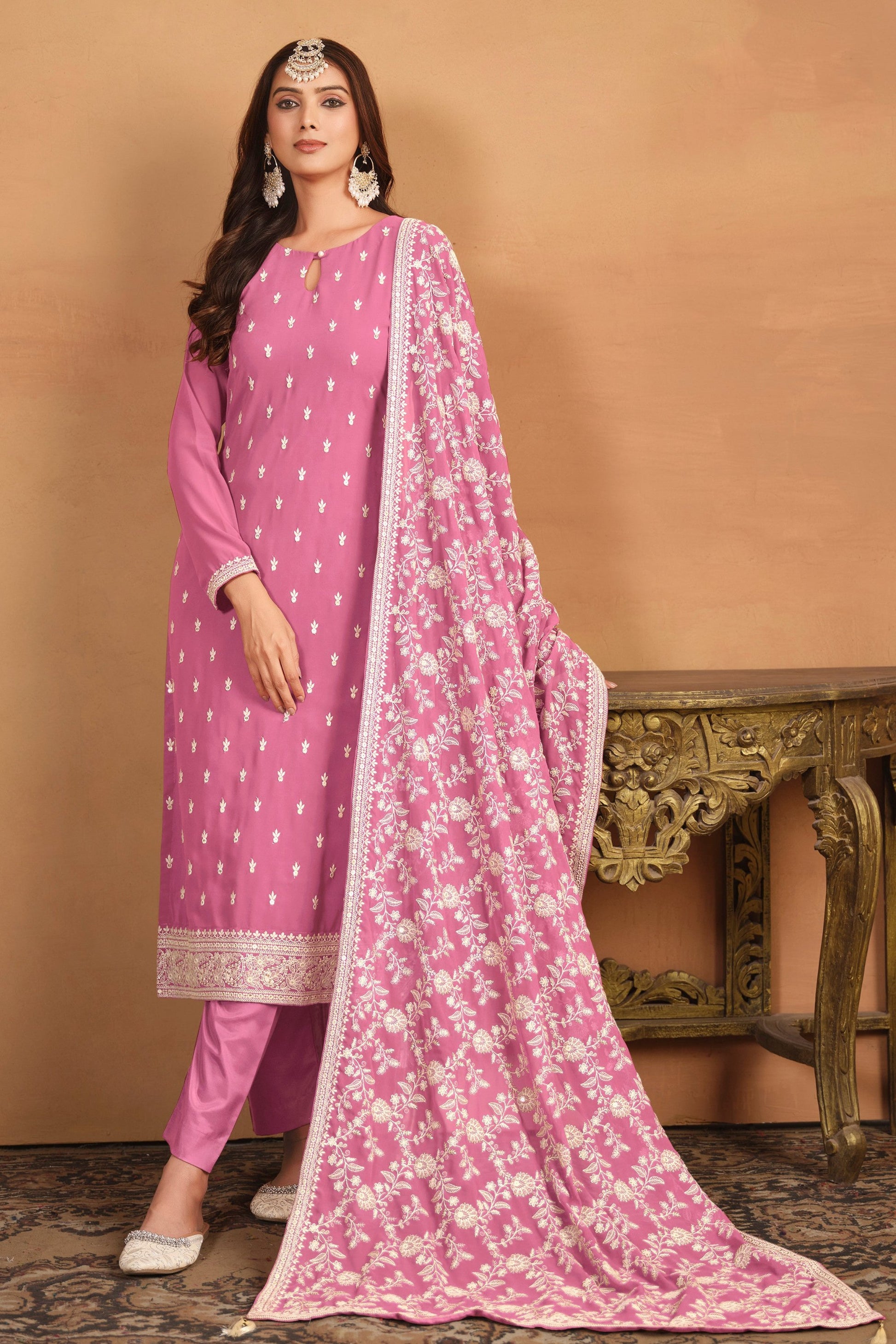Pink Salwar Kameez Size Angle - Embroidery Detail on Chinon Fabric 