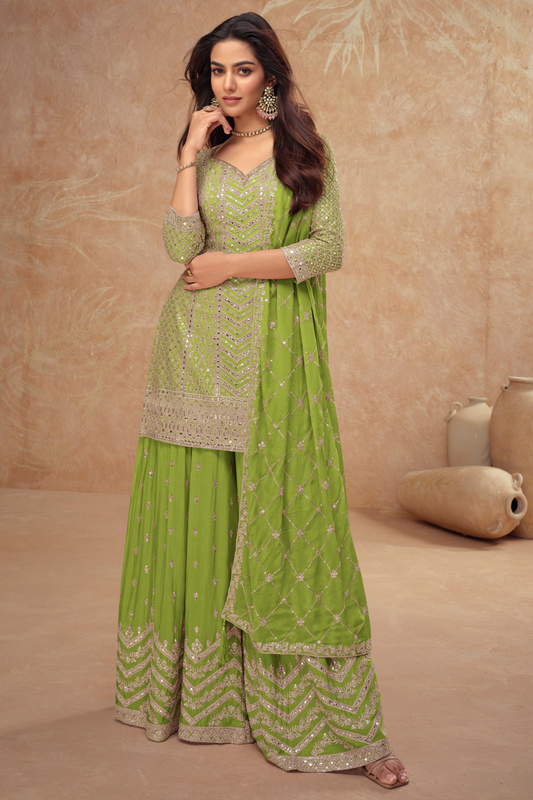 Green Embroidered Traditional Look Palazzo Suit 