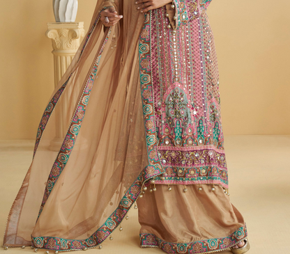 Beige Embroidered Palazzo Suit for Women Party Wear