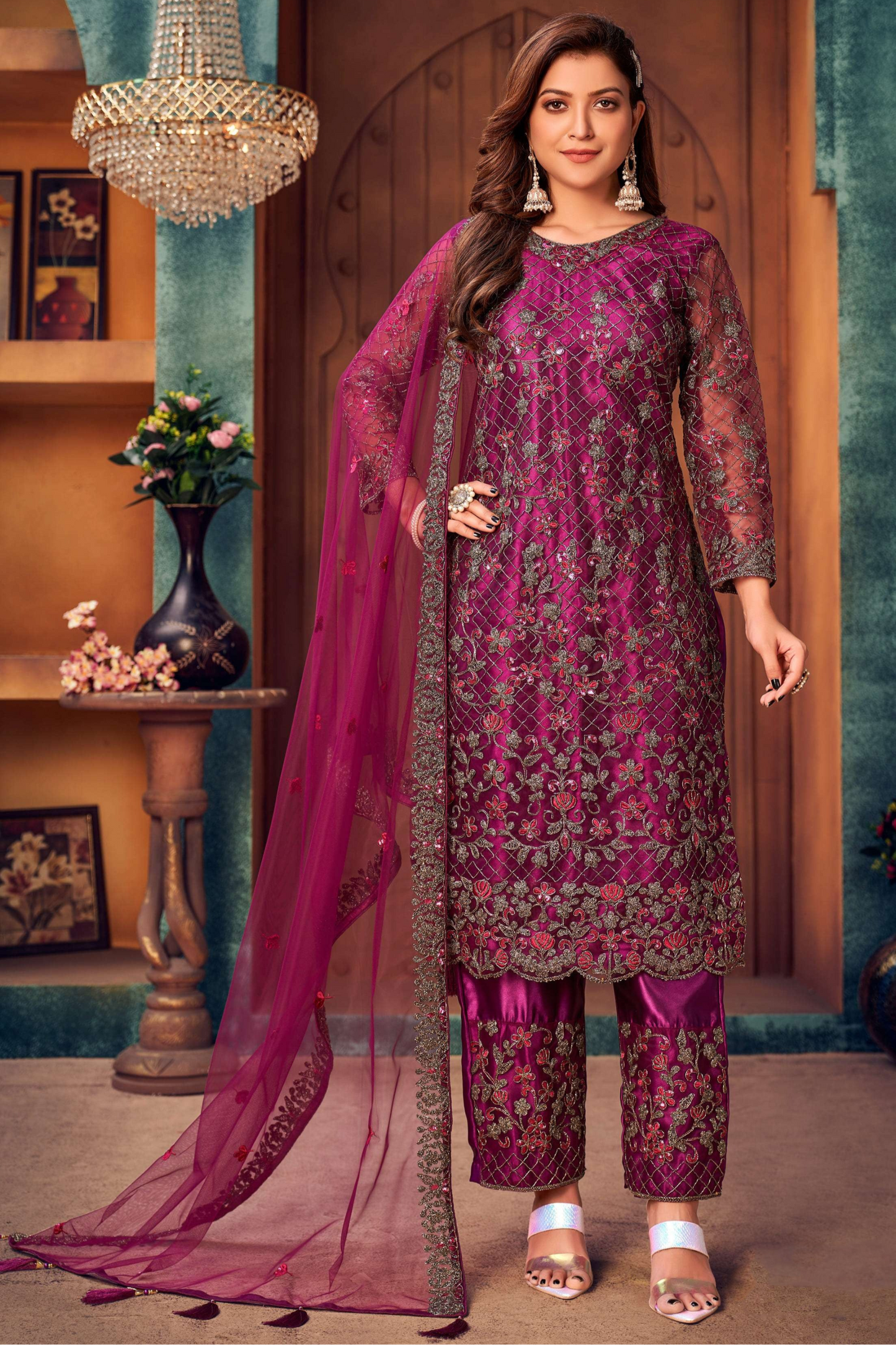 purple embroidered party salwar kameez online usa front view