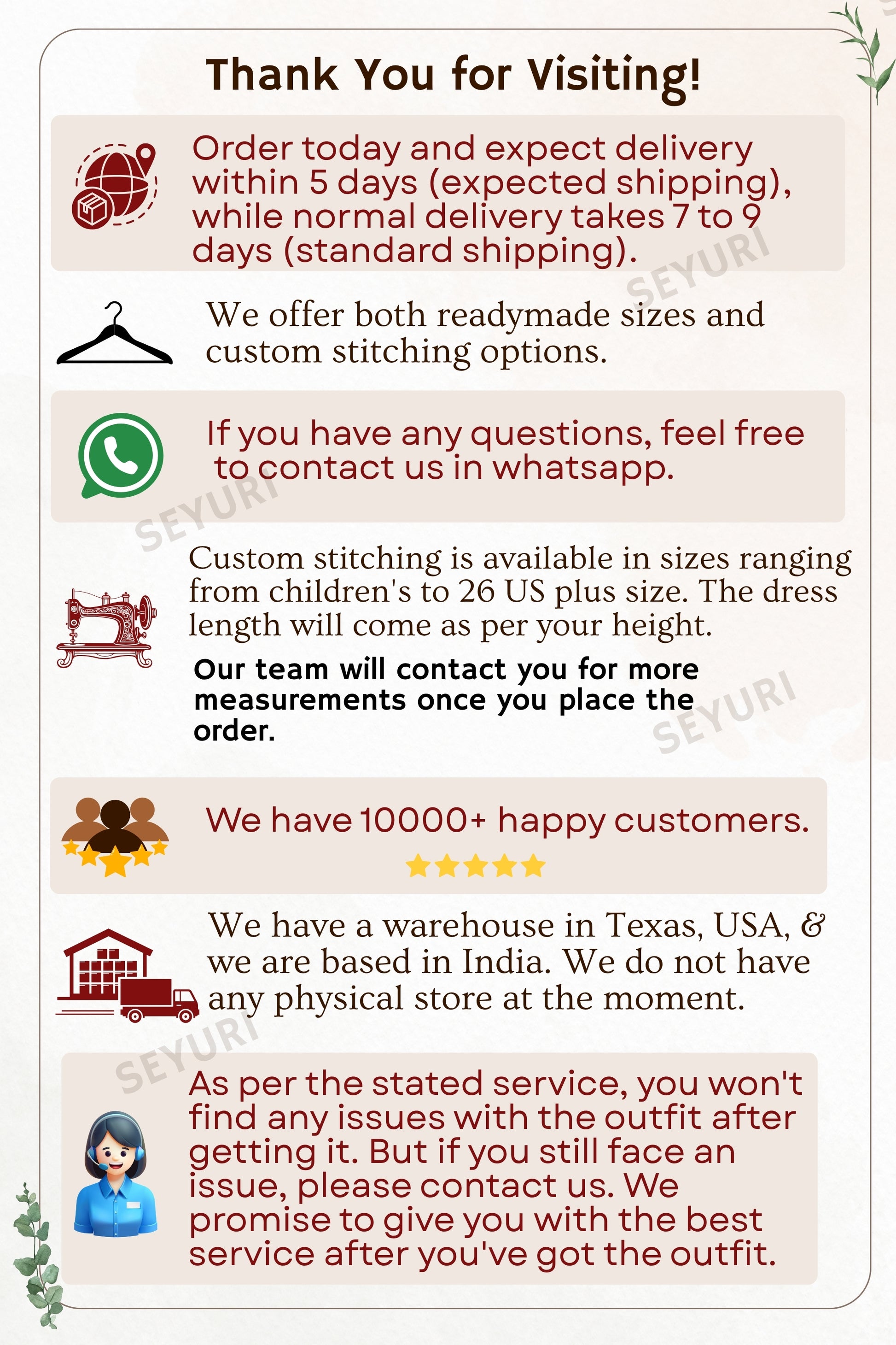 Text message with customer service information and contact details on a white background