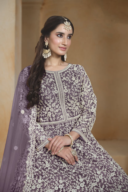 Anarkali Dress Purple Party Wear Heavy Embroidered Worked Long Gown Suit