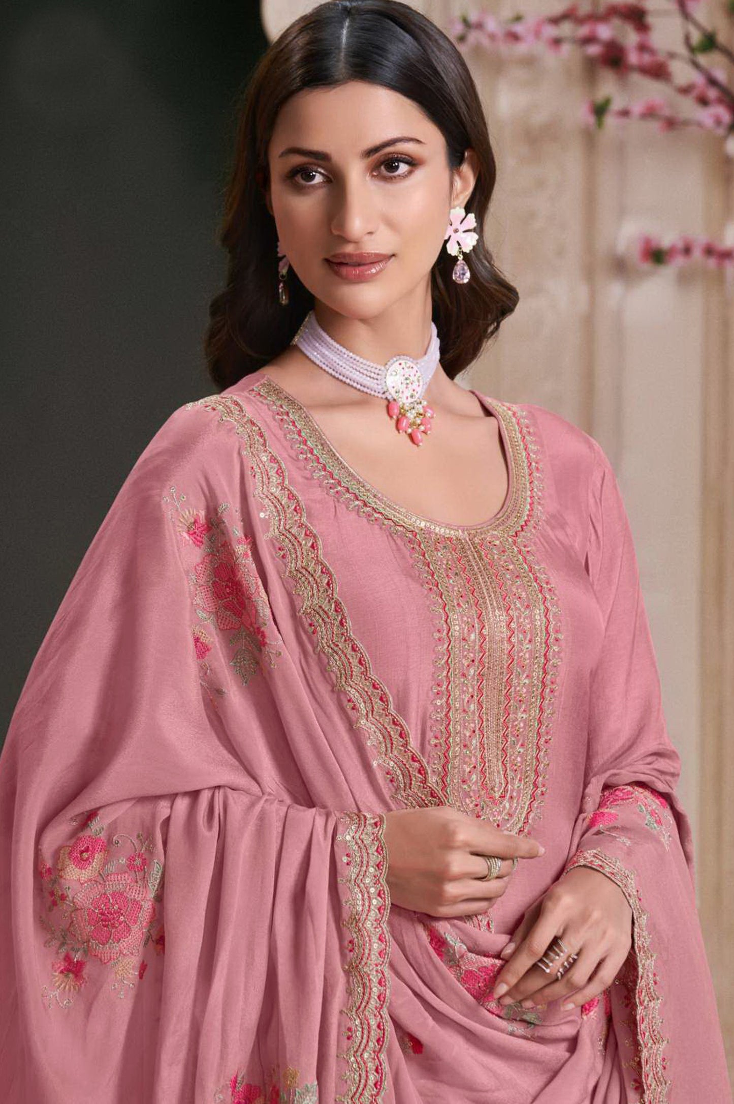  Pink Anarkali Long Gown Georgette Embroidery Worked With Dupatta For Her